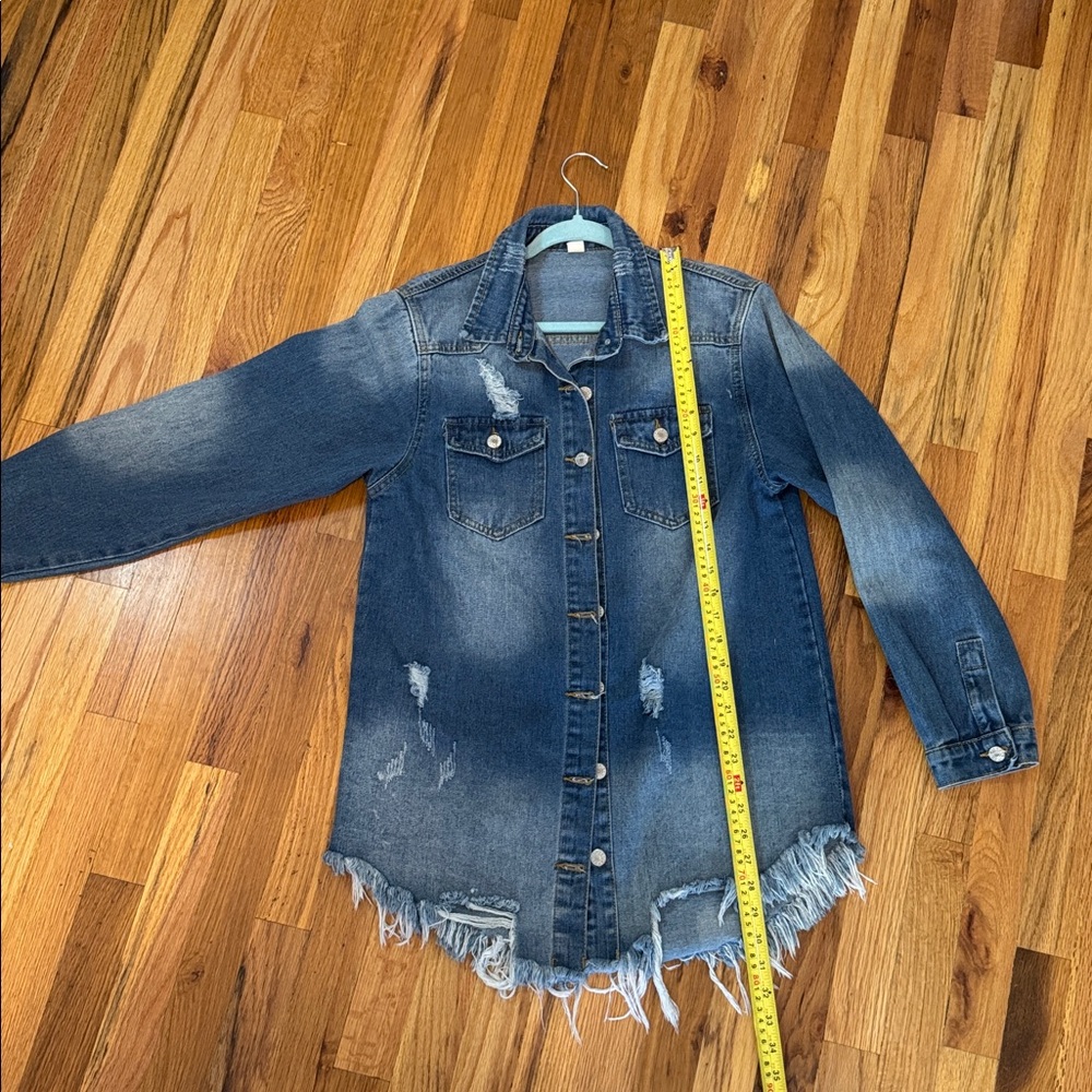 Distressed Denim Jacket / shacket. Raw edge. Perfect over dresses. Medium - Picture 9 of 14